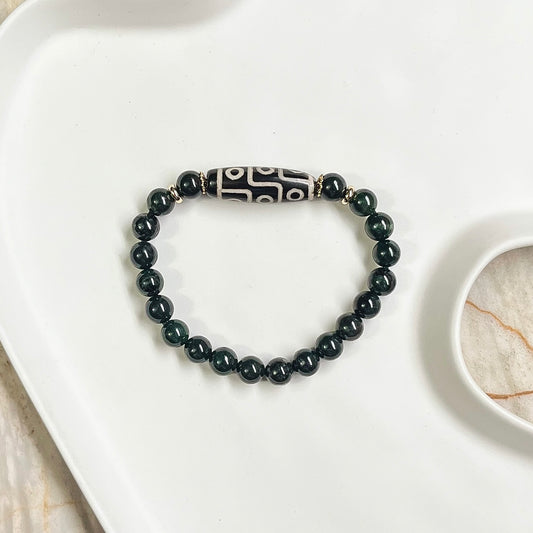 Black Burmese Jade with 9 Eye Dzi [Ghost Month Protection Charm Bracelet]