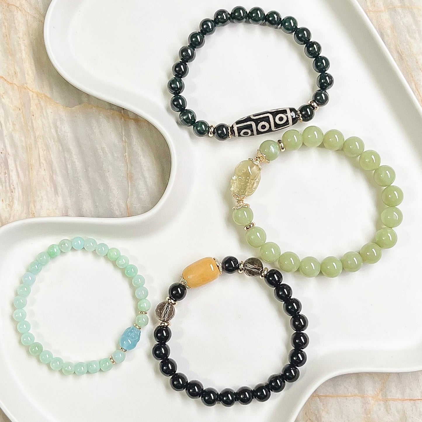 Black Burmese Jade with 9 Eye Dzi [Ghost Month Protection Charm Bracelet]